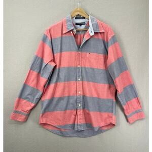 Tommy Hilfiger Shirt Mens Lg Red Blue Large Stripe Button Up Preppy College
